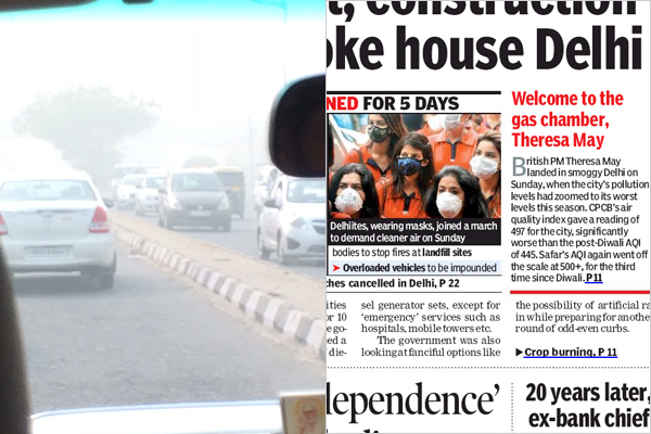 左：濃いスモッグで覆われたデリー市内（筆者撮影）　右：The Times of Indiaの一面。“Welcome to the gas chamber, Theresa May（ガス室へようこそ、メイ首相）”